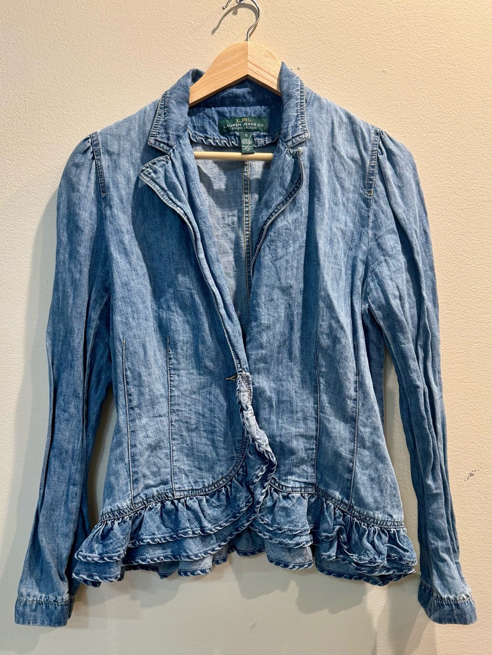 Ralph Lauren Denim Jean Y2K Ruffle Peplum Hem Jacket Blazer  - Light Blue L